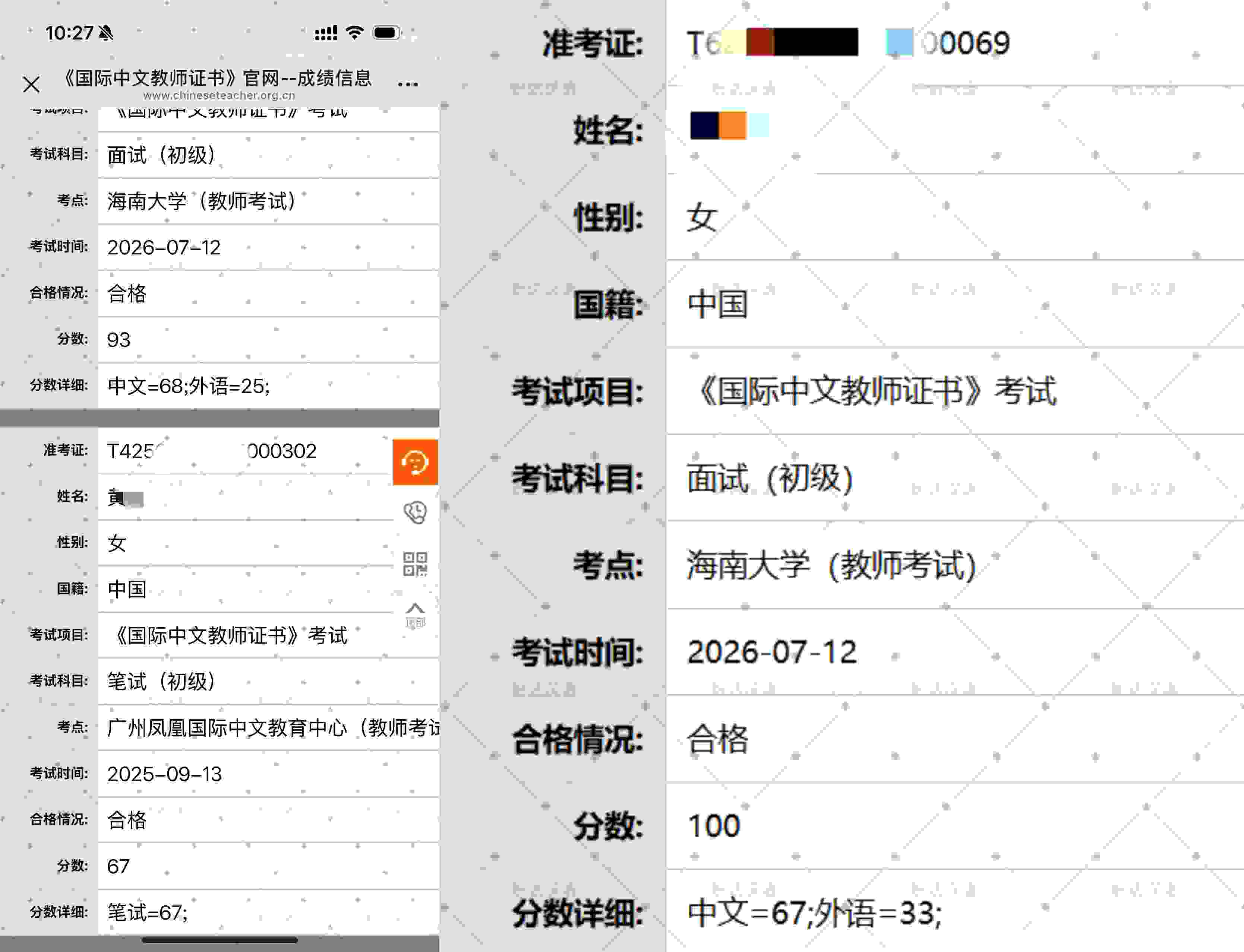 学员成绩截图,成绩均来自汉考国际官方查询系统,可通过准考证号核验
