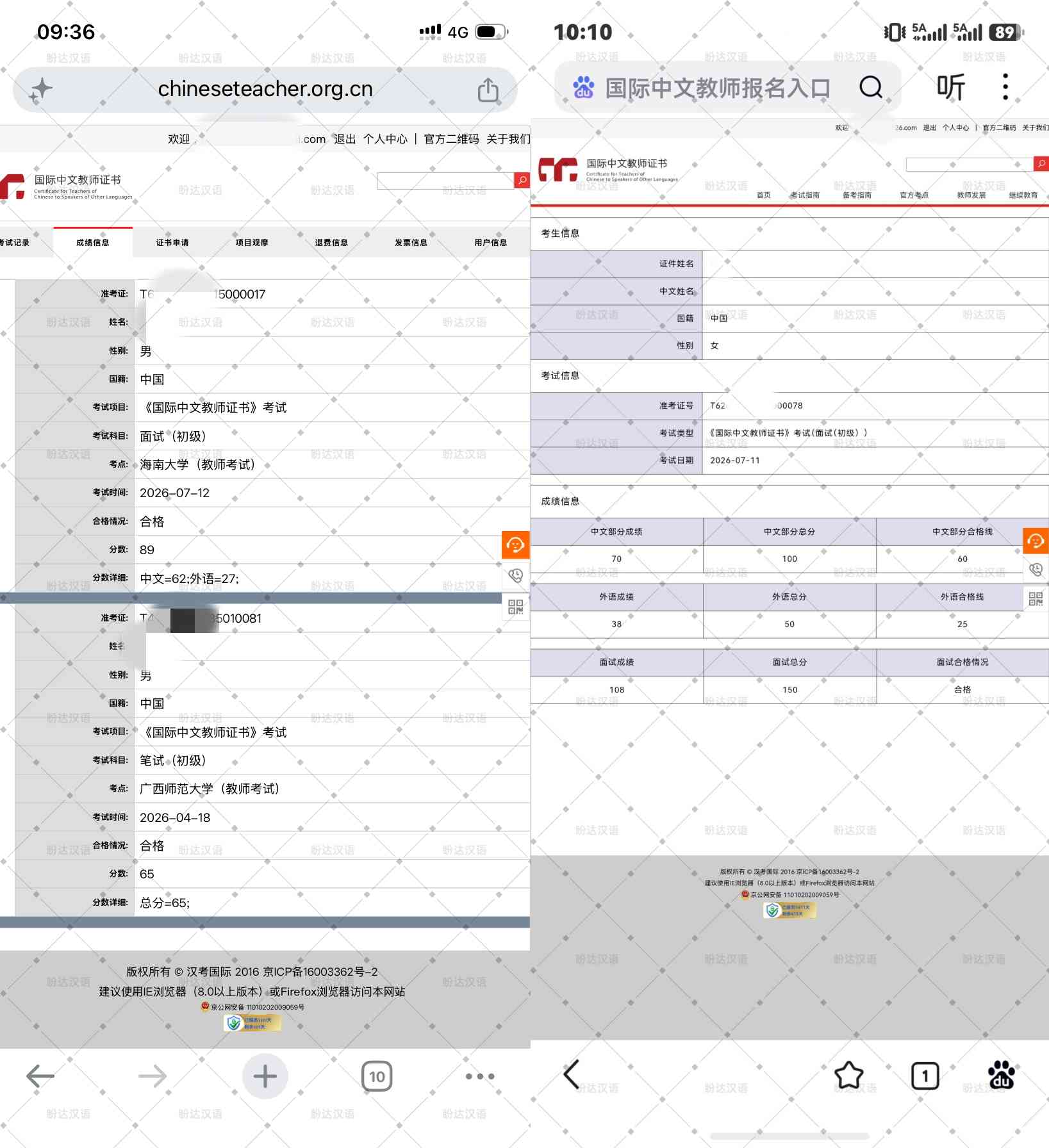 学员成绩截图,成绩均来自汉考国际官方查询系统,可通过准考证号核验