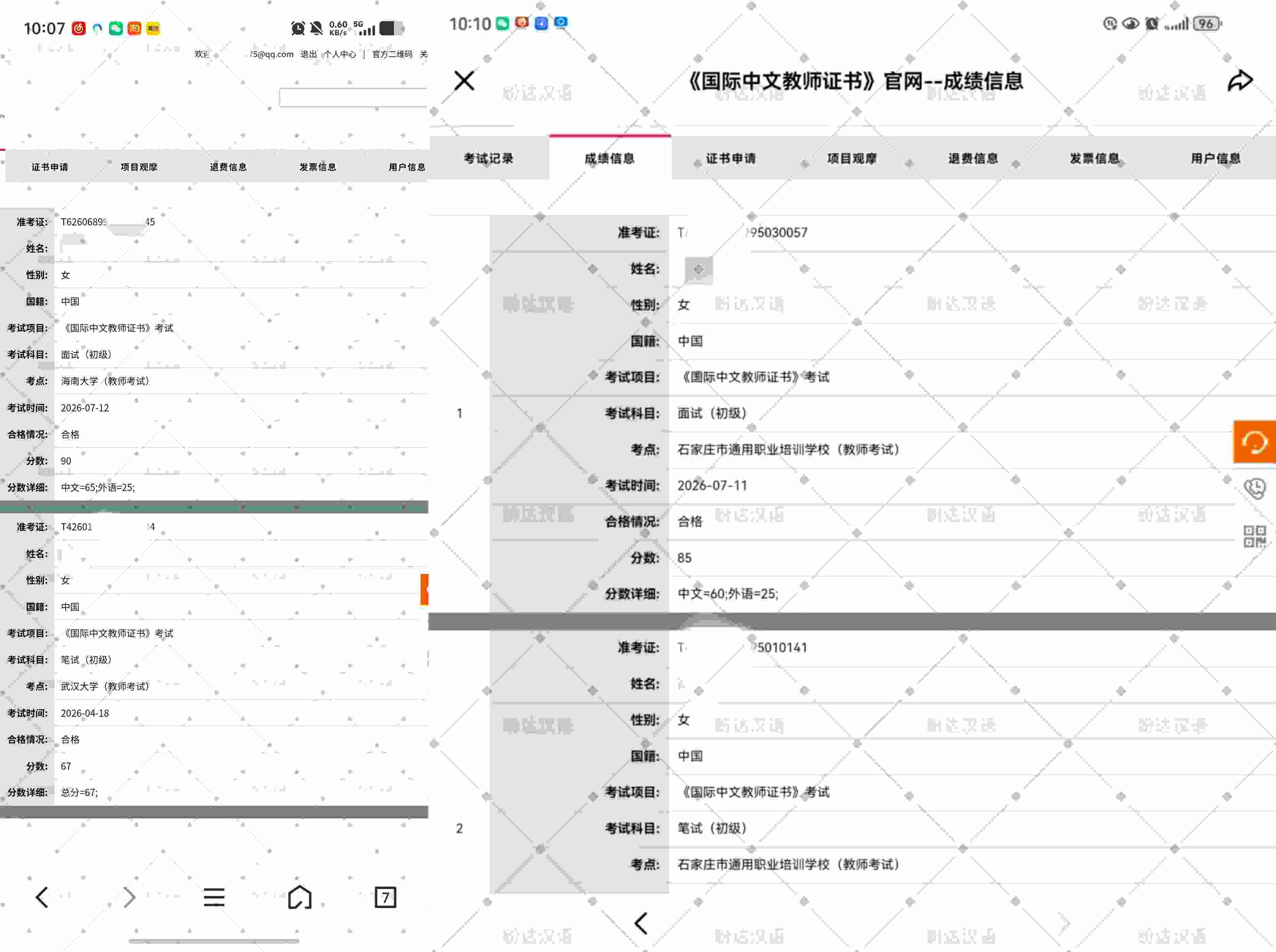 学员成绩截图,成绩均来自汉考国际官方查询系统,可通过准考证号核验
